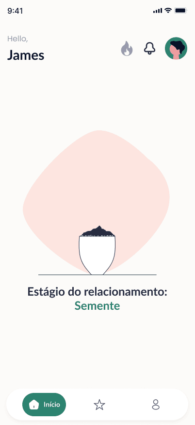 Tela do aplicativo mostrando o estágio do relacionamento